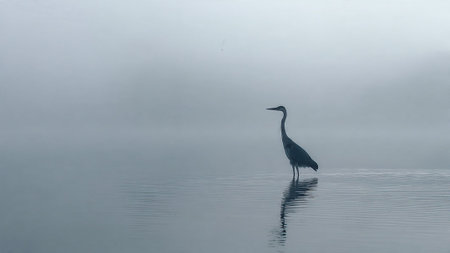 Silhouette of heron in calm water on a foggy day with gentle ripples and reflectionの写真素材