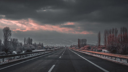 Long straight road with guardrails and trees on either side under cloudy pink sunsetの写真素材
