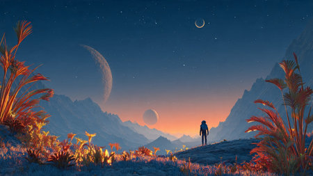 A person stands on a hill, gazing at planets, moons, and stars in a mountainous landscapeの写真素材