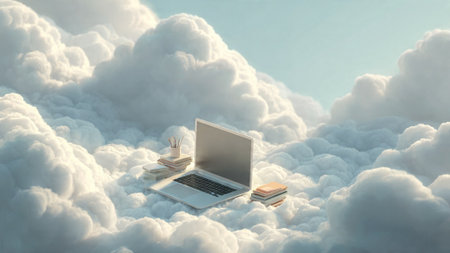 A laptop and books sit on soft clouds with a clear blue sky in the backgroundの写真素材