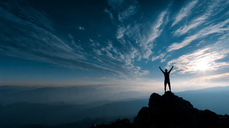 Silhouette of a person on a rocky mountain peak with arms up at sunsetの写真素材