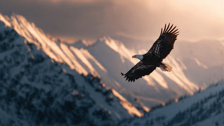 Eagle in flight against breathtaking snowy mountain landscape during golden hourの写真素材