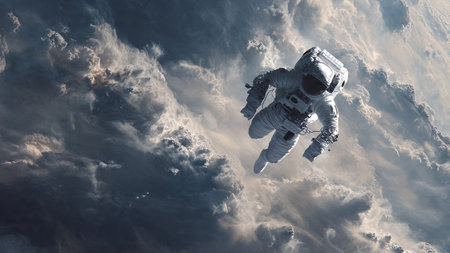 Astronaut in white space suit floating amidst cloudy sky with sunlight shining throughの写真素材