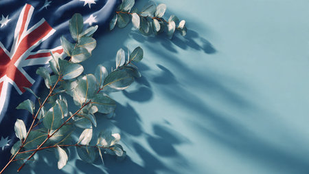 The Australian flag with eucalyptus leaves and shadows on a light blue surfaceの写真素材