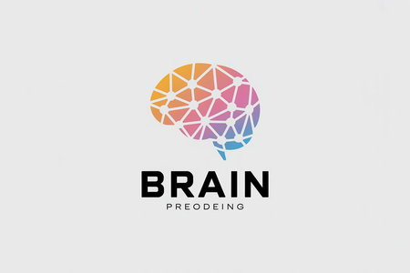 Vibrant brain icon with multicolor geometric design and bold text on clean white spaceの写真素材