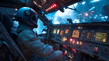 Astronaut in helmet and suit sitting in spacecraft cockpit with control panel and cloudy sky viewの写真素材