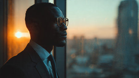 Silhouette of a man in a suit and glasses gazing out a window at a city during sunsetの写真素材