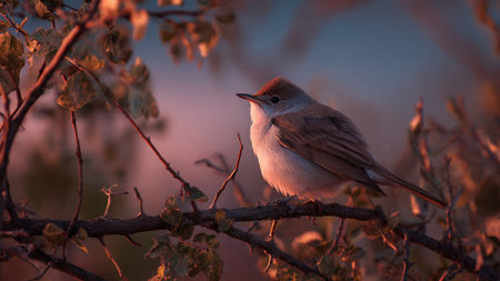 Bird sitting on thin branch with small leaves, warm sunset light in backgroundの写真素材