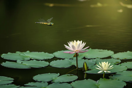 Peaceful water lilies floating on pond with dragonfly in flight above flowersの写真素材