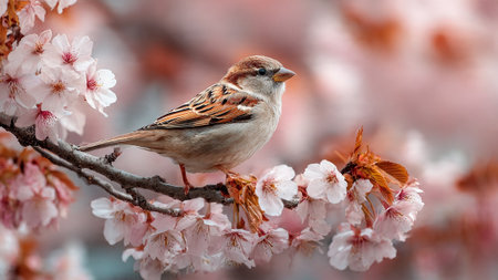 A small sparrow perched on a cherry blossom branch with pink flowers and brown leavesの写真素材