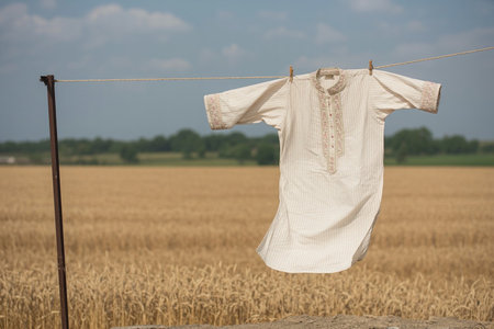 A white shirt hangs on a clothesline in a serene wheat field with trees and blue skyの写真素材