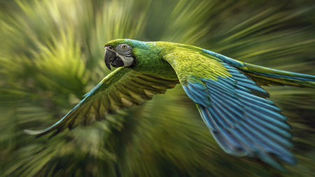 Colorful parrot with green and blue feathers flying against a blurred green backdropの写真素材