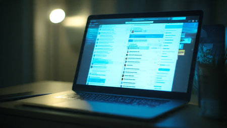 A laptop sits on a desk with a blue lit screen in a dark room with a light sourceの写真素材