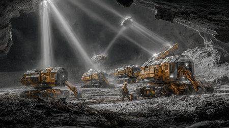 Large yellow mining equipment and a worker in a dimly lit underground mine with spotlightsの写真素材