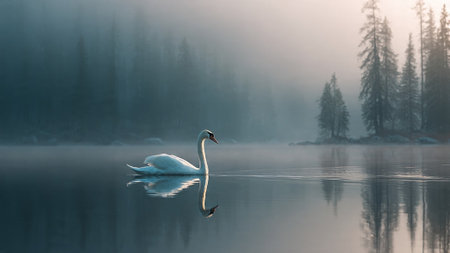 A white swan swims peacefully on a calm lake with misty trees in the background at sunriseの写真素材
