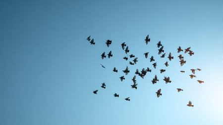 Large group of birds in flight against bright blue sky with sunshineの写真素材