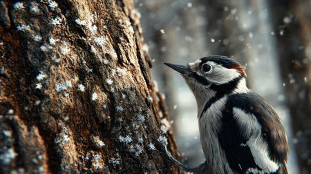 Close-up of woodpecker on tree bark with snowflakes, forest background blurredの写真素材