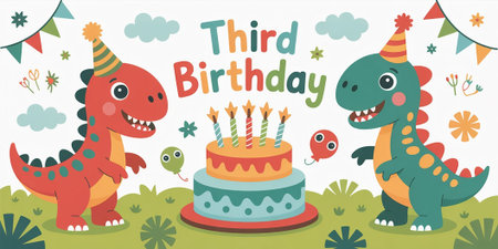 Two happy dinosaurs wearing party hats stand beside a birthday cake with candlesの写真素材