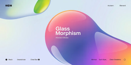 Colorful abstract design featuring glass morphism effect with smooth gradients and typographyの写真素材