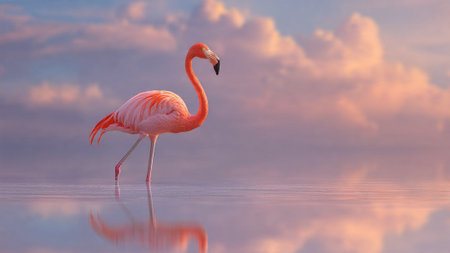 Pink flamingo wades in calm water with reflection, serene cloudy sky background at sunsetの写真素材