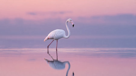 White flamingo with pink legs and black beak standing in calm water at duskの写真素材