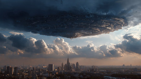 A city skyline with skyscrapers under a massive alien spacecraft and dark stormy cloudsの写真素材