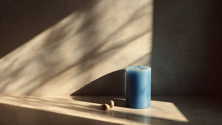 A blue candle and two small stones on a wooden table with dramatic shadowsの写真素材