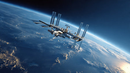 A space station with solar panels and modules orbits Earth in outer spaceの写真素材