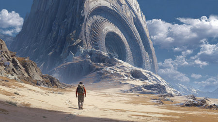 Man with backpack approaches massive stone monument in desert with rocky terrain and blue skyの写真素材