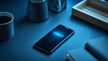 A smartphone with a glowing screen lies on a desk with a coffee cup and notebookの写真素材