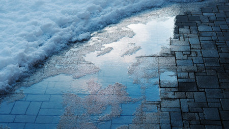 Snowy edge meets icy puddle on gray cobblestone bricks with reflective surfaceの写真素材