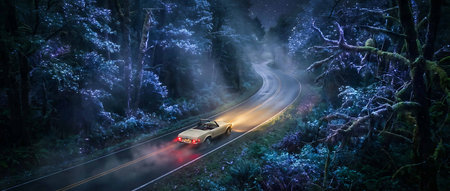 A car drives through a misty forest at night with its headlights onの写真素材