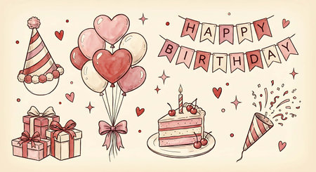 A festive illustration celebrating a birthday with cake and giftsの写真素材