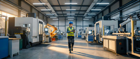 A worker in a hard hat and safety vest walks through a modern industrial factory with large machineryの写真素材