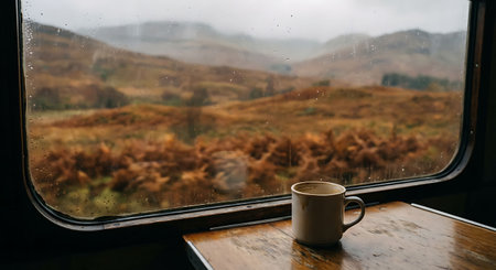 A serene landscape viewed from a cozy train window with a cup of coffeeの写真素材