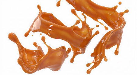A splash of caramel sauce in mid-air against a white backgroundの写真素材