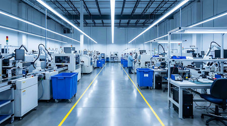 A large industrial factory with rows of machinery and equipmentの写真素材