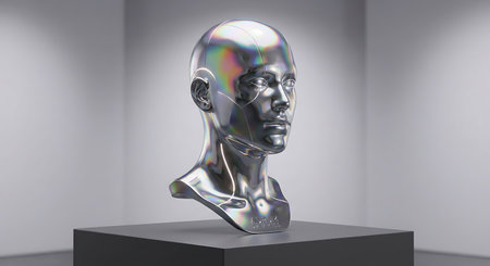 A shiny metallic sculpture of a human head on a pedestalの写真素材