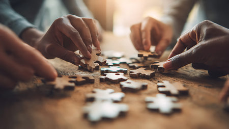 Four people working together to solve a puzzle on a wooden tableの写真素材