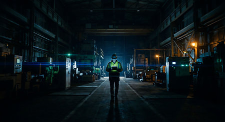 A lone worker wearing a safety vest walks through a dark industrial warehouse at nightの写真素材