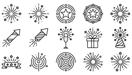 Fireworks vector icon set, outline style pictogram isolated on whiteのイラスト素材