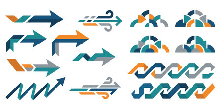 Set of abstract arrows in blue, orange and gray colors. Vector illustration.