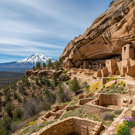 Ancient cliff dwellings nestled under a rocky outcropping with a snow-capped mountain in the backgroundの写真素材