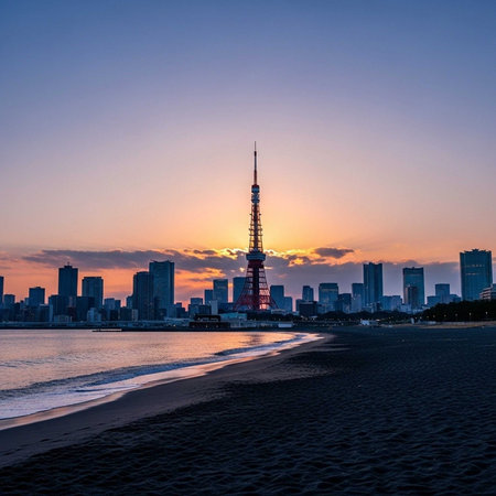 A serene beach scene at sunset with a city skyline and a tall tower in the backgroundの写真素材