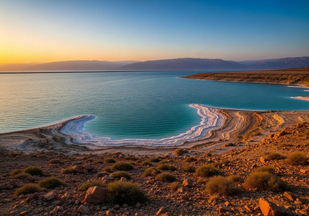 A serene landscape of a saltwater lake at sunset with mountains in the background and rocky terrain in the foreground.の写真素材