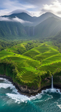 A serene landscape of lush green rice terraces cascading down a mountainous coastline with waterfalls and ocean waves.の写真素材