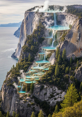 A breathtaking landscape of a rocky cliffside with multiple waterfalls cascading into serene pools surrounded by lush greeneryの写真素材