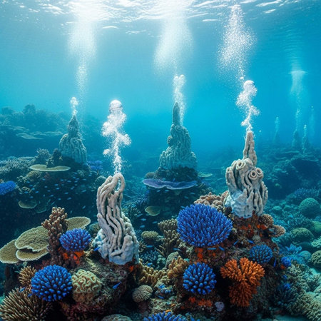A vibrant underwater scene of a coral reef teeming with marine life and colorful coral formationsの写真素材