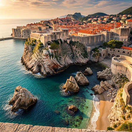 A stunning aerial view of an ancient walled city on a rocky coastline at sunsetの写真素材