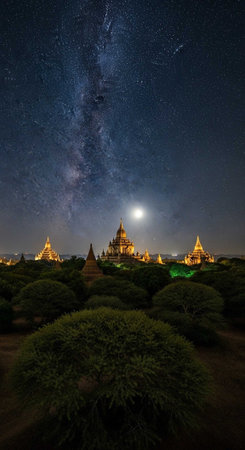 A serene nighttime landscape of an ancient temple complex under a starry sky and full moonの写真素材